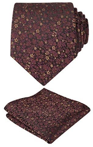 Alizeal Herr blommigt tryckt slips och ficknäsduk klassisk retro business slips med näsduk set, 142-Orange+Rödbrun, en storlek