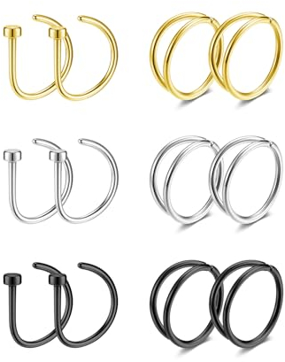 PiercingJak 12Stk Nasenpiercing Doppel Nasenring Dünn Nasenringe Fake Septum Hoop Ring 20G 8mm Nasenklammer Nostril Piercing Ohne Loch Nase Schmuck Silber Gold Schwarz Edelstahl Piercings Set