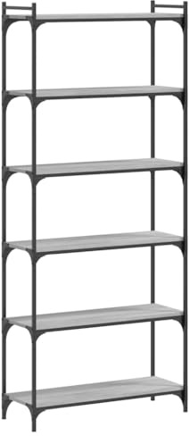 vidaXL Grey Sonoma Bookshelf - 6-Tier Storage Cabinet in Engineered Wood and Metal with Adjustable Feet for Stability - Industrial Style Accent Bookcase