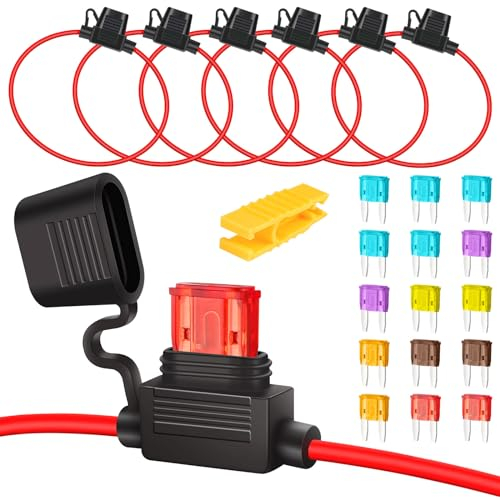 GUOYIHUA Kfz Sicherungshalter, 6 Stück 16AWG Flachsicherung Halter, Auto Sicherungshalter mit 3A/5A/7.5A/10A/15A/20A kfz Sicherungen, Inline Blade Fuse Holder für Auto Lkw Motorrad Boot