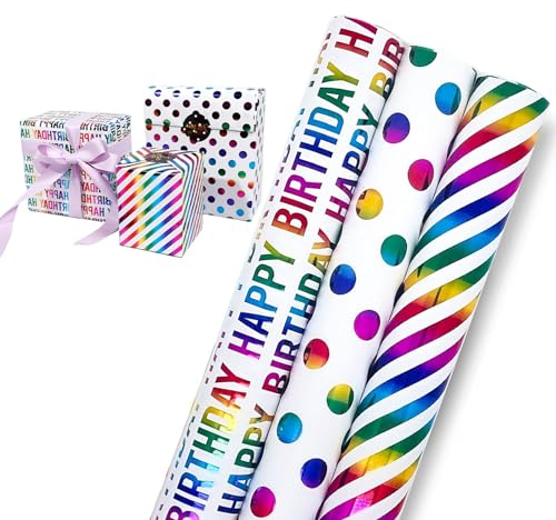 Trrrioosy 3 Rolle Geschenkpapier 43 x 300cm Geburtstags Geschenkpapierrollen Mini Roll Geschenkpapier Weihnachten Geschenkverpackung Papier für Geburtstags Weihnachten Muttertag Valentinstag