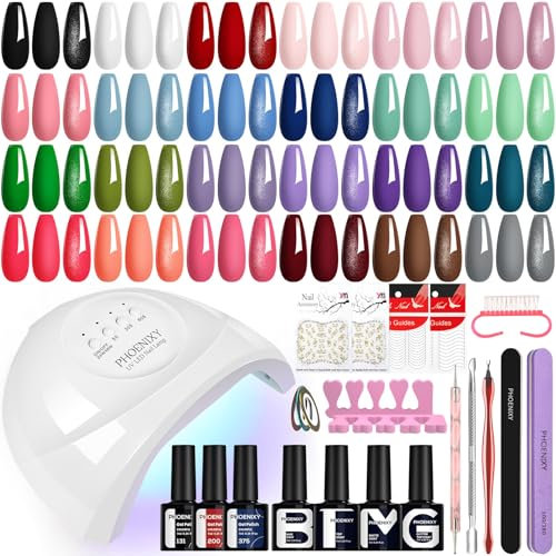 Phoenixy 28 PCS Kit Uñas Semipermanentes 24 Colores Kit Uñas de Gel Completo con 48W Lámpara U V/LED Kit Manicura Semipermanente con Base Top Coat Brillante Mate y Glitter