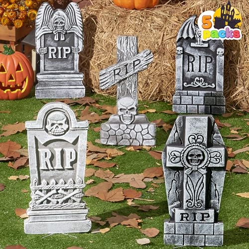 JOYIN Pietre tombali per Halloween in schiuma RIP da 43,2 cm (confezione da 5), pietre tombali di Halloween, decorazioni all'aperto per tombe con 12 pali in metallo, per cimitero, cortile, prato