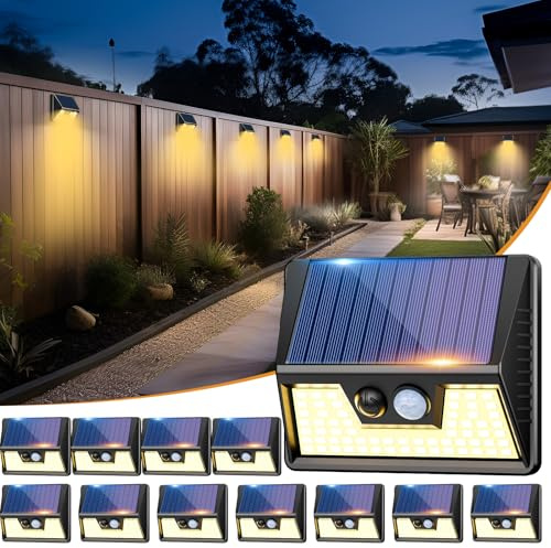 vighep Solar Lights Outdoor Motion Sensor- Led Security Lights IP65 Waterproof, 3 Lighting Modes, Warm White Super Bright Pir Flood Lights for Wall Garden Fence Yard Driveway Path - 12 Pack
