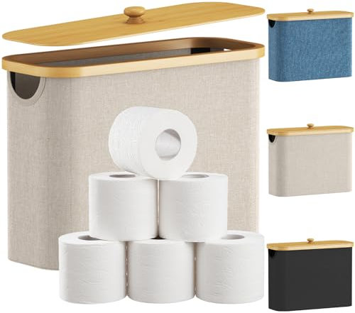 Lifewit 23L Toilet Roll Storage, Bathroom Storage Box Holder Stand with Lid, Bamboo Multifunctional Toilet Paper Basket Cabinet with Handle, Beige