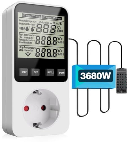 Diymore 230V Temperatura y Humedad Enchufe con Sensor, Calefacción Enfriamiento Interruptor de Temperatura Termostato Enchufe para Acuarios de Invernadero