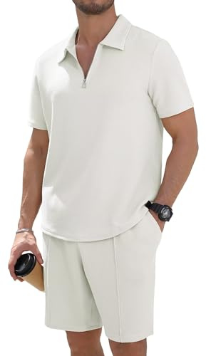 Anelune Trainingsanzug Herren Sommer 2-teilig,Kurzarm T-Shirt & Kurze Hose, Sportanzug für Fitness, Freizeit und Alltag,Atmungsaktiv Leicht Weiß XXL