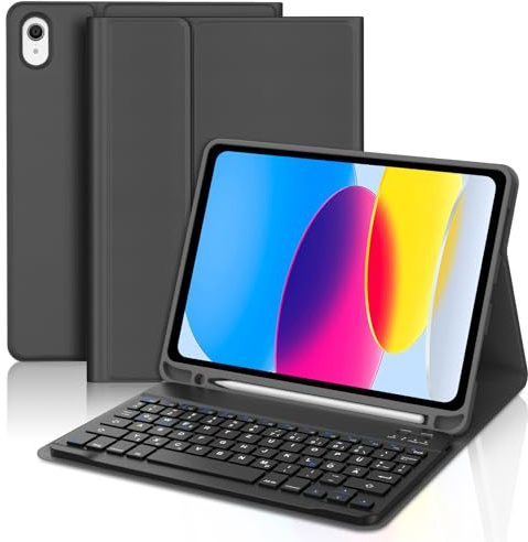 WAVATA fodral med tangentbord för iPad A16 11:e generation 11 tum 2025, iPad 10:e generation 2022 10,9 tum, Magnetisk Bluetooth avtagbar QWERTZ-layout, Svart
