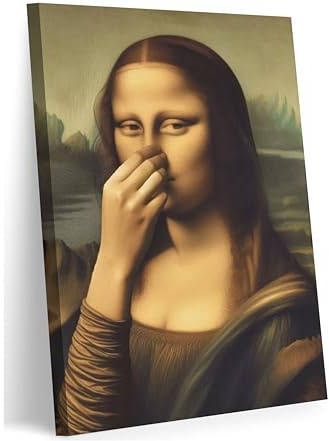 Funny Mona Lisa Bathroom Canvas Wall Art Pinching Nose Wall Decor Mona Lisa Classical Painting Picture Humor Amusing Toilet Art Vintage Whimsical Poster Print for Bathroom Home Decoration 12x16in