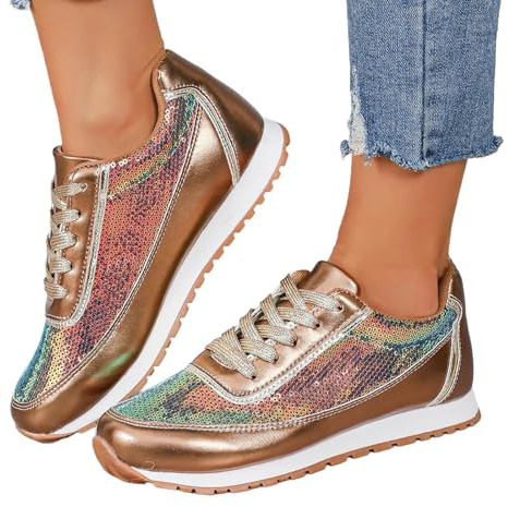 Paljettskor för kvinnor UK halkfria bekväma skor casual snörning sportsneakers andningsbara damer löparskor för bröllopsfest dans rund tå gym sneakers för utomhus glitter träningsskor, Guld, 7