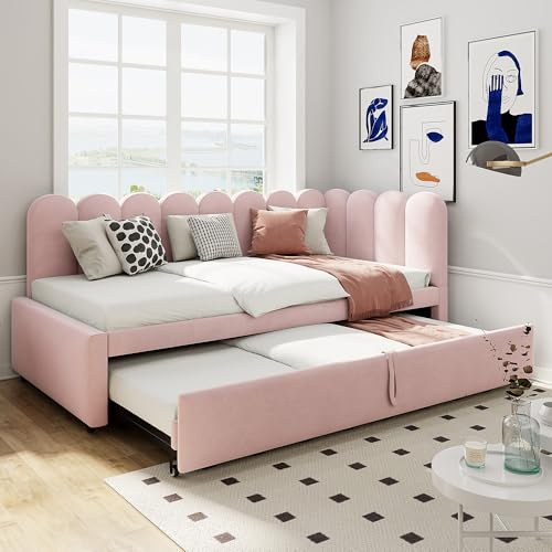Soweiz Divano letto multifunzione 2 in 1 a forma di L, colore rosa vellutato, design salvaspazio, può essere utilizzato come lettino o lettino per gli ospiti (rosa, 90/180 x 200 cm)