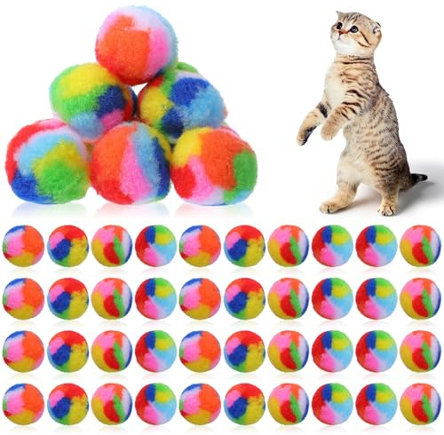 YBEATY 40 Pcs Soft Plush Cat Ball 1.7Inch Rainbow Pom Pom Cat Toy Balls Fuzzy Kitty Chase Yarn Puffs for Pet Interactive Playing Exercising Training Assorted Color Lightweight
