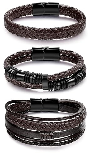 REVOLIA 3Pcs Black Leather Bracelets for Men Women Braided Leather Wristband Cuff Bracelets Multi-Layer Braided Leather Bracelets Set Brown 7.5 Inch