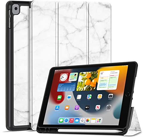 TNP iPad Hülle für iPad 9./8./7. Generation 10,2 Zoll 2021/2020/2019 Modell, Schutzhülle mit Stifthalter, dünner und weicher iPad Case aus TPU, iPad Cover mit Auto Schlaf/Wach Funktion, Marmor weiß