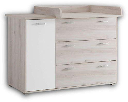 Stella Trading CUBY Praktische Baby Wickelkommode inkl. Aufsatz - Vielseitiger Wickeltisch mit viel Stauraum in Aurum Optik & Weiß - 131 x 102 x 79 cm (B/H/T)