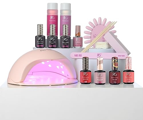 Pink Gellac Kit de Uñas Semipermanentes - Set de Manicura y Pedicura con Pro Lampara Uñas Semipermanentes Rosa, 4 Tonos Rojos 15 ml, Top Coat y Base Coat, Removedor y Limpiador - Calidad de Salón