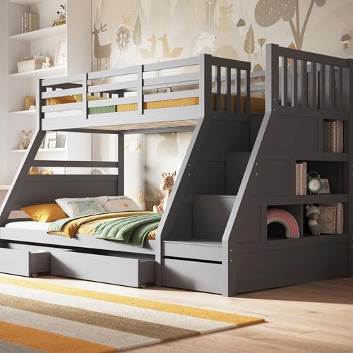Flair Furnishings Triple Bunk Beds for Kids, Bunk Bed with Storage, Heavy Duty and Sturdy, Cosy, Stylish, Space-Saving Design (Grey)