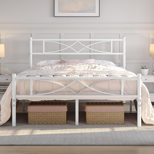 Yaheetech 5ft King Metal Bed Frame, Curved Headboard Slatted Bed, White | Reinforced Sturdy Steel Frame, Super Easy Assembly, Under-bed Storage, No Box Spring Needed, Ideal for Flats and Guest Rooms