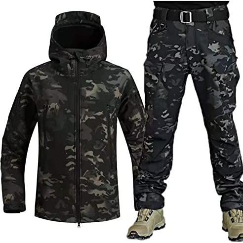 UIHECTA Taktische Jacke Und Hose FüR Herren, Softshell Jagdjacken, Tarnanzug In MilitäRuniform, MilitäRanzug, Wasserdicht, Leicht, Outdoor, ReißVerschluss, Kapuzenpullover,002,Size: XL