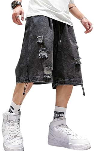 FCOOLYEET Pantaloncini larghi da uomo Y2k Star Patchwork Denim Shorts Gamba Larga Sciolto Hip-hop Jorts Y2k