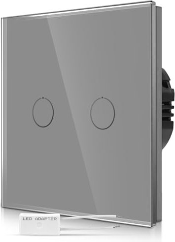 CNBINGO Interrupteur variateur tactile encastré - Gris - Double variateur avec LED d'état et panneau en verre - Interrupteur mural à 2 compartiments pour lampes LED - Interrupteur tactile avec