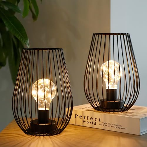TRIROCKS Set of 2 Cordless Metal Cage Table Lamps with Fairy Lights, Black