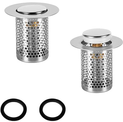 Lot de 2 tamis d'évier en acier inoxydable 33 x 50 mm - Design Push in - Empêche les bouchons - Convient pour cuisine, salle de bain, balcon - Filtre anti-odeurs pour 33-55 mm