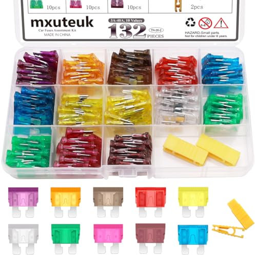 mxuteuk 132 Stück Auto Sicherungen Sortiment Kit, Kfz-Sicherungen Standardgröße mit Sicherungszieher (3A 5A 7.5A 10A 15A 20A 25A 30A 35A 40A) Ersatzsicherungen für Marine, Auto, RV, Boot, LKW