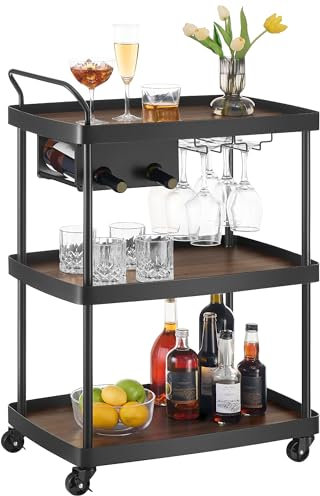 SONGMICS HOME Bar Cart, Home Bar Serving Cart with 3-Tier Shelf, Flexible Wine Bottle Rack and Glass Holder, Drink Beverage Cart, Microwave Cart, Kitchen, Natural Walnut and Ink Black ULRC291B01