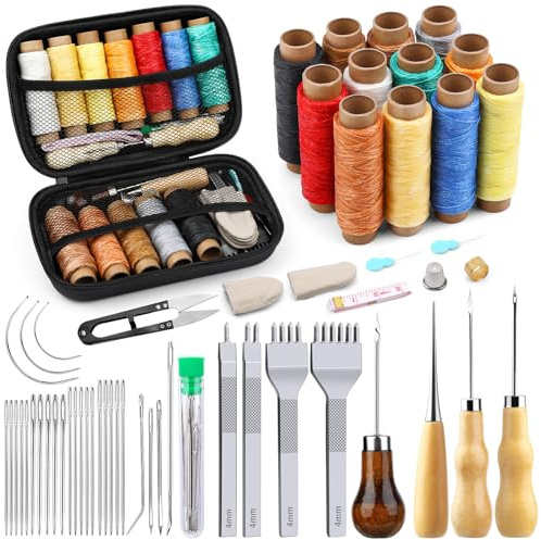 JUAYING Leather Sewing Kit, Leather Working Tools Set, Upholstery Repair Kit with Leather Prong Punch, Waxed Thread, Sewing Needles, Awl, for Stitching DIY Leather Craft Sewing