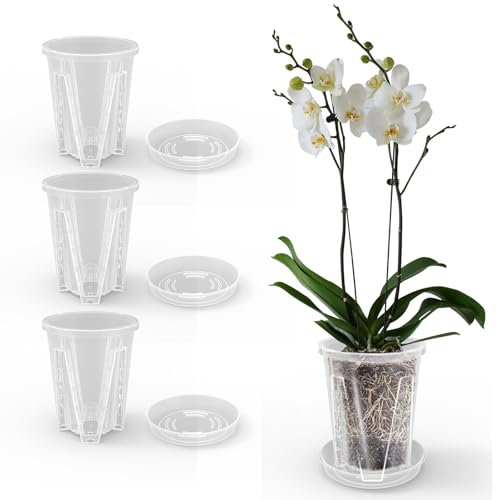 Lnopever Juego de 3 macetas de plástico para orquídeas, color blanco, 1,3 L, diámetro de 14 cm, con 4 unidades de orquídeas, agujeros de drenaje, pequeñas macetas para plantas de interior, redondas