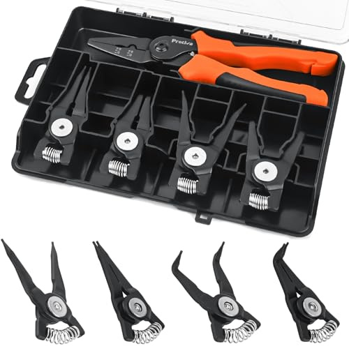 Preciva Snap Ring Pliers Set - Internal/External Circlip Pliers with 4 Pcs Straight/Bent Jaws, Heavy Duty Retaining Ring Pliers for Bearing Installation and Removal