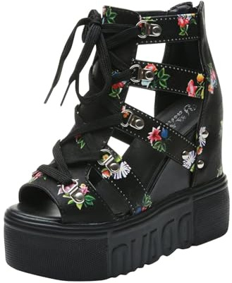 SPSMOKH Gladiator Sandals for Women Ladies Roman Sandals Low Wedge Slippers Lace Up Thick Bottom Fish Mouth Soft Insole Premium Orthopedic Walking Hollow Out Beach Slippers Shoes (Black, 6.5UK)