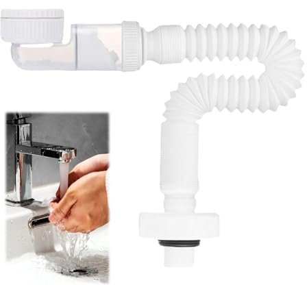 Jortmrd Siphon Lavabo Flexible 1 1/4, Évacuation Extensible 38-93 cm, Anti-Odeurs & Gain de Place, Compatible Lavabo de Salle de Bain, Cuisine, Tuyau de Vidange Réglable et Remplaçable (Blanc)