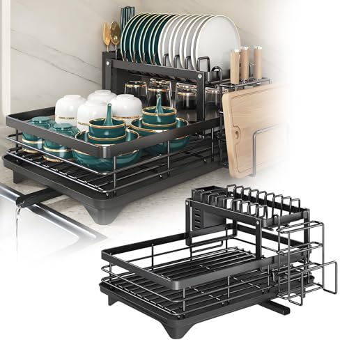ZYNERY Grande Capacité Égouttoir à Vaisselle Noir, Egouttoir Vaisselle 2 Niveaux avec Plateau d'égouttage, Drainage Automatique Rangement Vaisselle Cuisine pour Comptoir de Cuisine