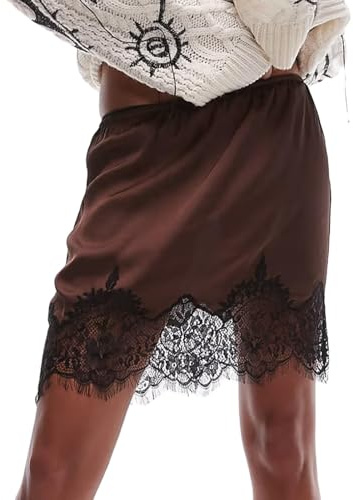 FeMereina Women Lace Silk Satin Slip Skirt Low Rise Layered Underskirts Ruffle A Line Mini Skirts Y2k High Flowy Underskirt (Dark Brown, S)