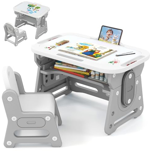 FANTASK Barnbord med stol, barnskrivbord, höjdjusterbart med lutbar bordsskiva, barnbord med stol och förvaringsutrymme, inlärningsskrivbord, set med tillbehör för pojkar flickor från 3 år, grått