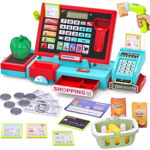 Teoryieer Registratore di cassa per bambini elettronica, cassa del supermercato con scanner e suono, giocattolo moneta per bambini con accessori, gioco educativo per bambini dai 3 anni