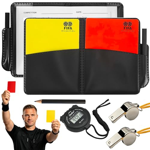 Dongcill Set de Tarjetas Árbitro Fútbol,Incluye 2 Silbato Arbitro,Tarjetas Rojas y Amarillas,Equipo de Cronometraje,Libro de Anotaciones y Lápiz,para Juego de Fútbol Deporte Escolar