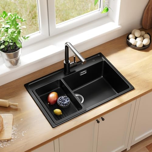ANYCEE Lavello Cucina Nero 70 x 46 cm, Grande Lavandino Cucina 1 Vasca Nero
