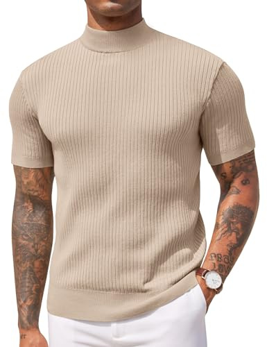 COOFANDY Men's Mock Turtleneck T Shirt Short Sleeve Stand Collar Top Ribbed Knitted Pullover Stretchy Solid Tee