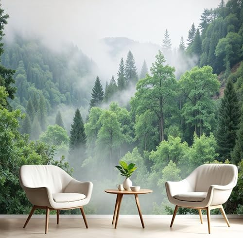 Bosque Brumoso Denso Papel Pintado Fotomurales Para, Misterios Naturales Papel Tapiz Pintado En Tejido de seda - Pared Moderna, Verde Oscuro Murales Fotográficos Decorativos - 250 x 175 cm