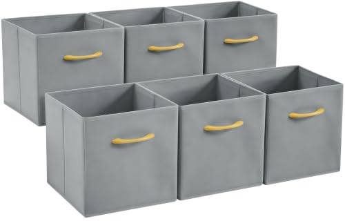 Collapsible Fabric Storage Cubes, Pack of 6 Foldable Boxes with Handles | Gray 27 x 27 x 27 cm | Non-Woven Fabric | Open-Top Cube Shelf Baskets For Wardrobes, Toys, Clothes & Nursery