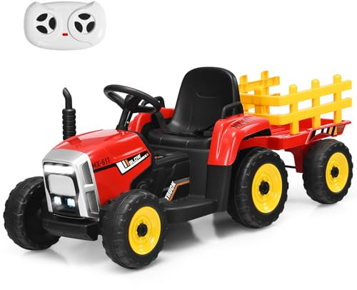 COSTWAY 12V Tractor Electrico para Niños con Remolque, 3 Velocidades y Control Remoto 2,4G Juguete Tractor con Luces LED, Música,USB y Bluetooth para Niños Mayores de 3 Años