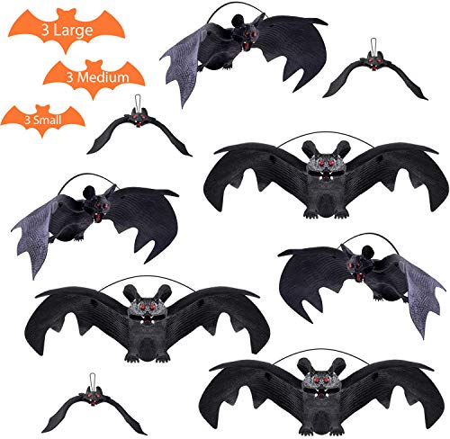 Jonami Halloween Deko Set, Halloween Fledermäuse Gummi Realistische Dekor (3 Groß + 3 Mittel + 3 Klein) Fledermaus zu Hängen, Aufhänger Dekoration, Gruselig, Horror