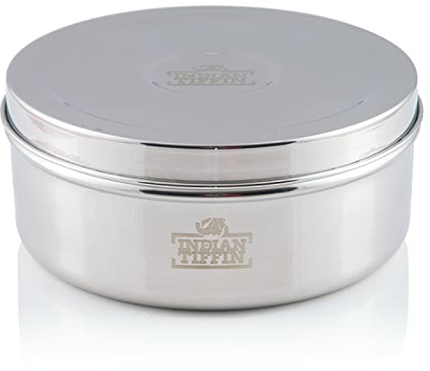 Indian-Tiffin Masala Dabba Récipient à épices hermétique - avec étiquettes et cuillère à épices (Moyen (18cm), couvercle en acier, couvercles transparents sur les pots intérieurs)