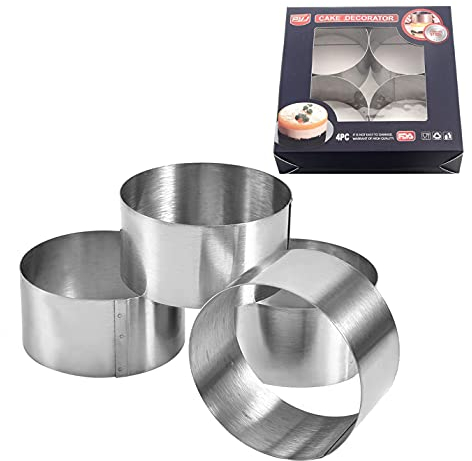 Mousse Ring,4 Pcs Stainless Steel Cooking Rings Round Cheesecake Moulds Mini Baking Rings Non Stick Cake Flan Rings Tin for Crumpet, Pastry, Pancake, 8x8x4cm
