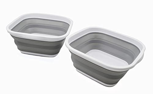 SAMMART 5.5L (1.4 Gallons) Set of 2 Collapsible Tub - Foldable Dish Tub - Portable Washing Basin - Space Saving Plastic Washtub (White/Grey)