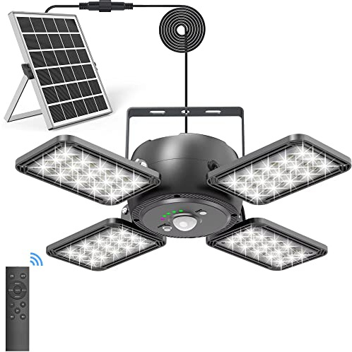 INXPHY Solar Shed Light, 1200LM 144LED Motion Sensor Pendant Light, 5 Lighting Modes Remote Control 4-Leaf 120° Adjustable, IP65 Waterproof Split Solar Panel for Indoor Outdoor Yard Garage