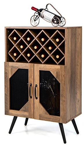 GIANTEX Aparador de Cocina Industrial para 11 Botellas de Vino y 6-9 Vasos, Botellero Extraíble, Armario con 2 Puertas, Mueble de Almacenamiento para Bar, Salón, Comedor